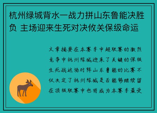 杭州绿城背水一战力拼山东鲁能决胜负 主场迎来生死对决攸关保级命运