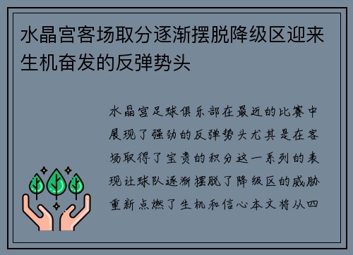 水晶宫客场取分逐渐摆脱降级区迎来生机奋发的反弹势头