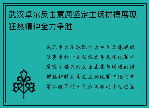武汉卓尔反击意愿坚定主场拼搏展现狂热精神全力争胜