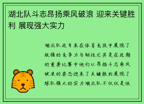 湖北队斗志昂扬乘风破浪 迎来关键胜利 展现强大实力