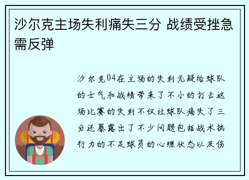 沙尔克主场失利痛失三分 战绩受挫急需反弹