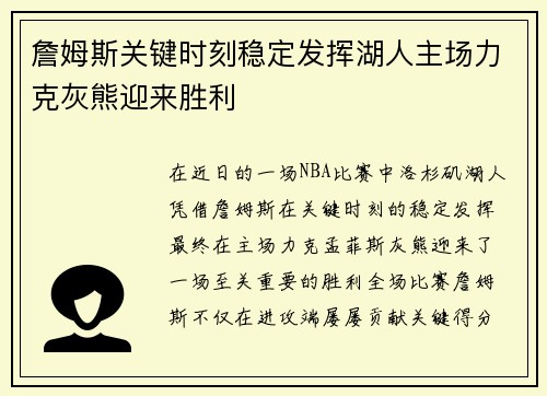 詹姆斯关键时刻稳定发挥湖人主场力克灰熊迎来胜利