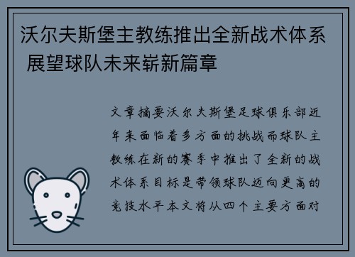沃尔夫斯堡主教练推出全新战术体系 展望球队未来崭新篇章